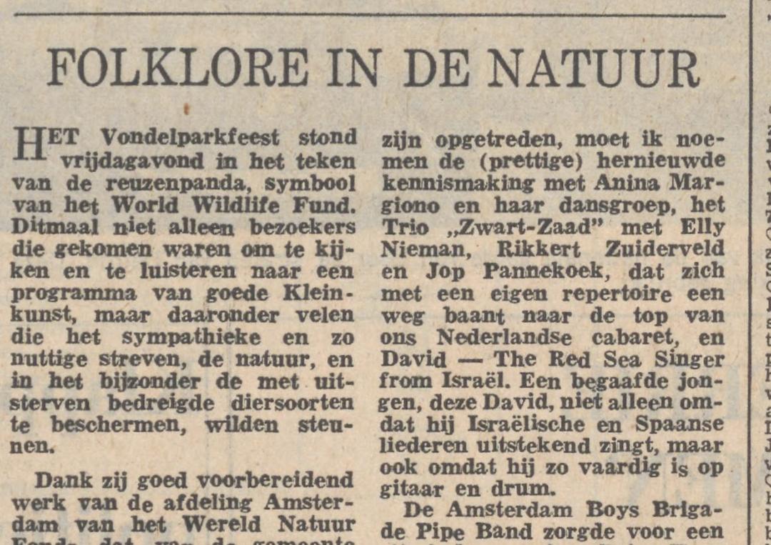 Vondelpark, Amsterdam, for the World Wildlife Fund: 'a gifted boy, this David — not only because he sings Israeli and Spanish songs superbly, but because he is so skilled on guitar and drum.'