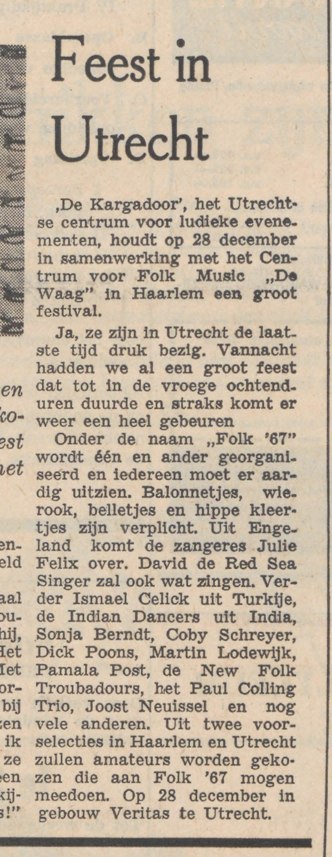 The Folk '67 festival at Utrecht, 28 December 1967: David the Red Sea Singer billed beside Julie Felix, Cobi Schreijer and the Indian Dancers.