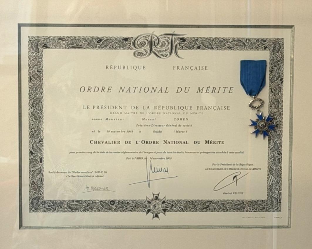 The letters patent of Chevalier de l'Ordre National du Mérite, signed in Paris on 14 November 2005, with the insignia